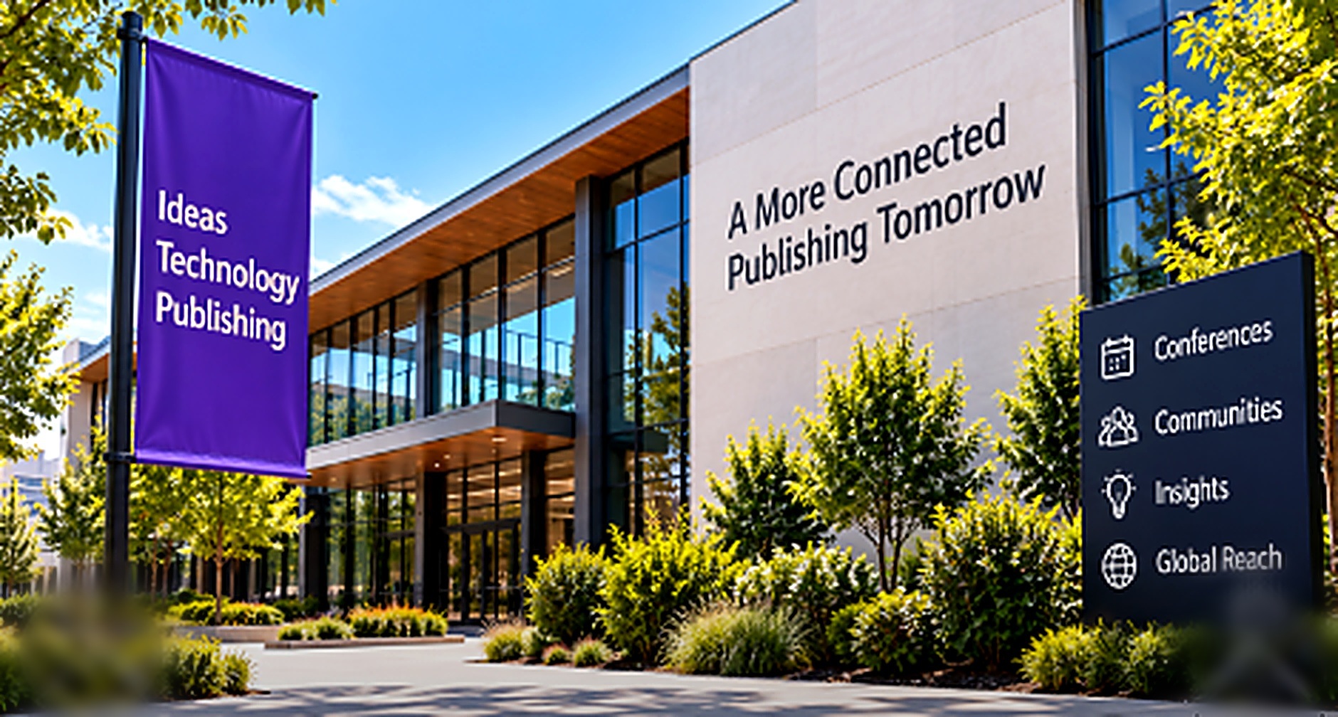 A modern publishing building with a purple banner and a sign reading Publish, Innovate, Connect